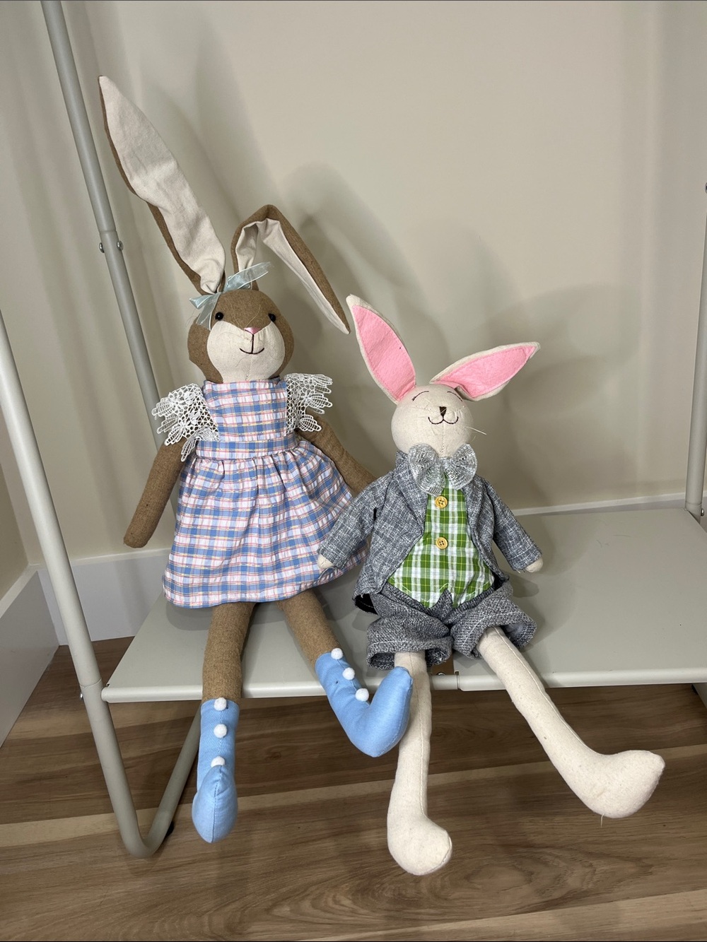 Plush Bunny Doll Pair in Brown & Cream with Pink and Blue Accents